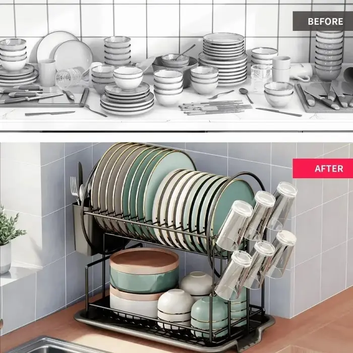 Égouttoir à vaisselle à 2 niveaux avec plateau de drainage, égouttoir à vaisselle, support de rangement pour comptoir de cuisine, porte-gobelets, porte-couteaux et porte-fourchettes