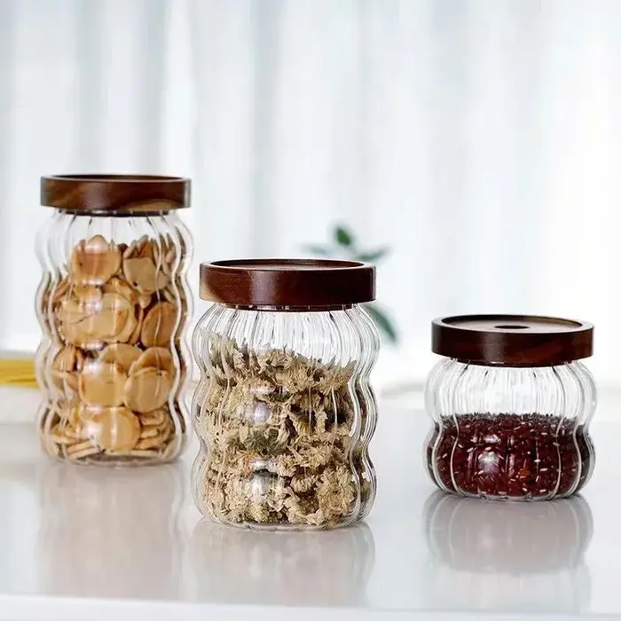 Bouteilles de stockage en verre rayé avec couvercle en bois