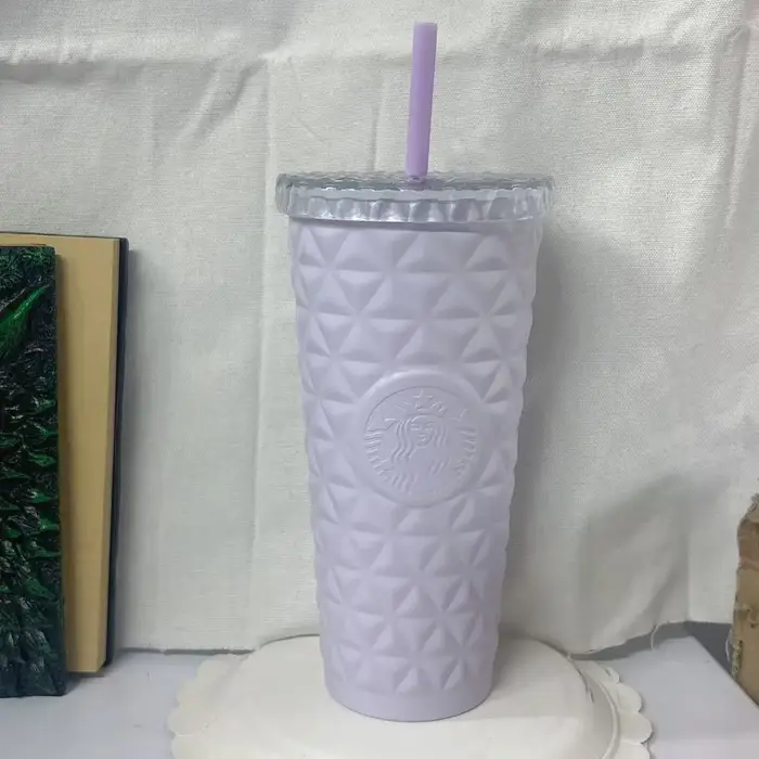 Gobelet Starbucks 500 ml Motif Diamant Lavande Rêveuse, Tasse Froide Violet Pastel Mat avec Couvercl