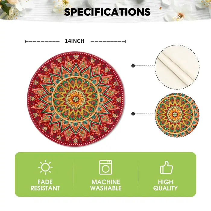 Ensemble de 4 sets de table ronds Mandala rouge, tapis de table de ferme de printemps saisonnier pour la décoration de salle à manger de cuisine de fête