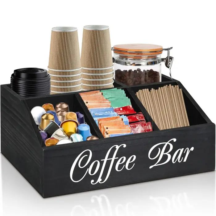 Panier de rangement en bois pour bar à café - Organisateur d'accessoires de café rustique et classiq