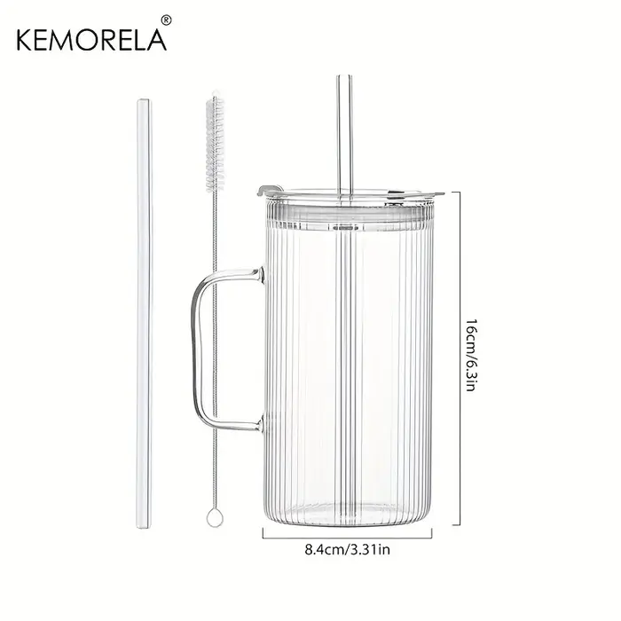 KEMORELA Grand gobelet en verre nervuré de 740 ml avec poignée et couvercle