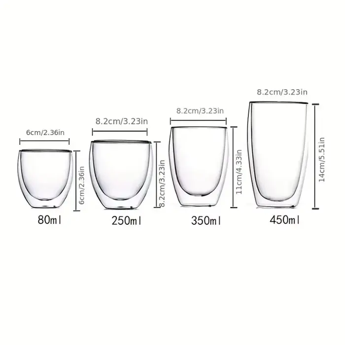 Tasses à expresso en verre transparent isolées à double paroi, 80/250/450ml, parfaites pour le thé,