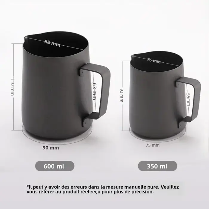 Tasse à latte art noire épaisse 350/600 ml avec bec verseur