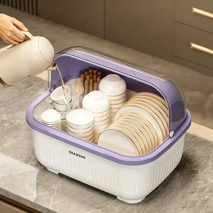 Égouttoir à vaisselle avec couvercle de protection - Meuble de rangement de cuisine peu encombrant et anti-poussière