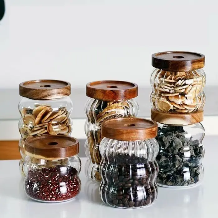 Bouteilles de rangement en verre rayé avec couvercle en bois