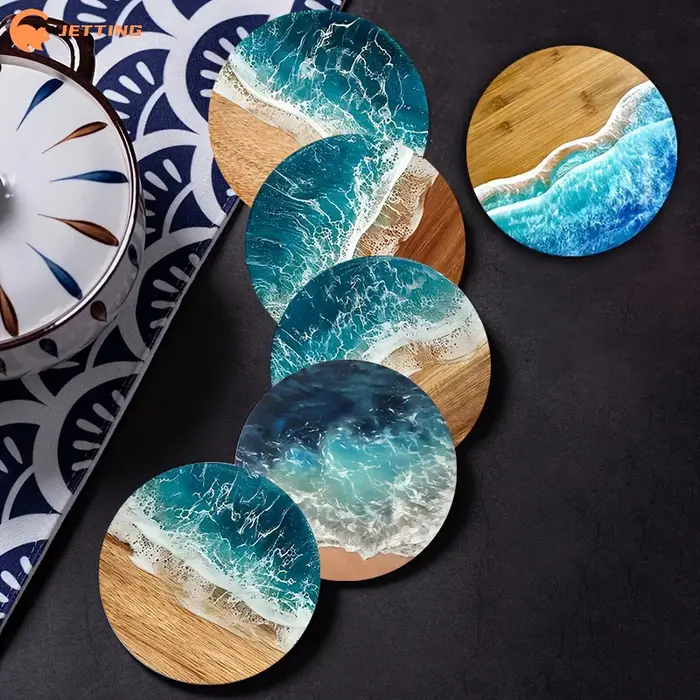 Ensemble de sous-verres et napperons ronds en bois bleu océan