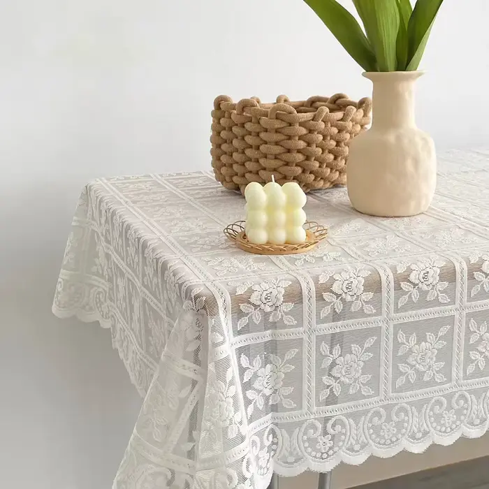 Nappe carrée Beige en dentelle ajourée, linge de table rétro européen brodé, décoration de jardin po