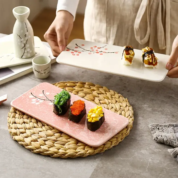 Assiette à Sushi en céramique japonaise, plat rectangulaire à manger pour la maison, plateau à fruits, conception de fleur de prunier
