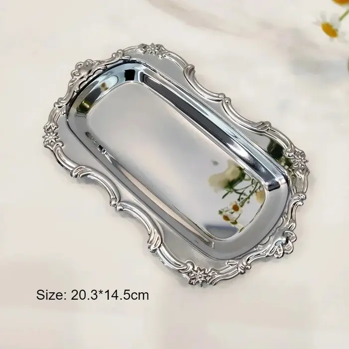 Plateau de service vintage en acier inoxydable à bords ondulés pour desserts, rangement de bijoux, a