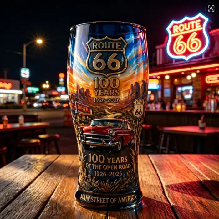 Chope à bière en verre vintage Route 66
