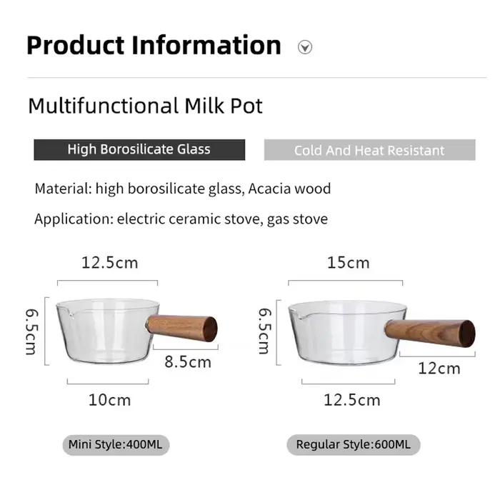 Pot à lait en verre avec manche en bois, cuisson transparente, chauffage, soupe au lait, ustensiles