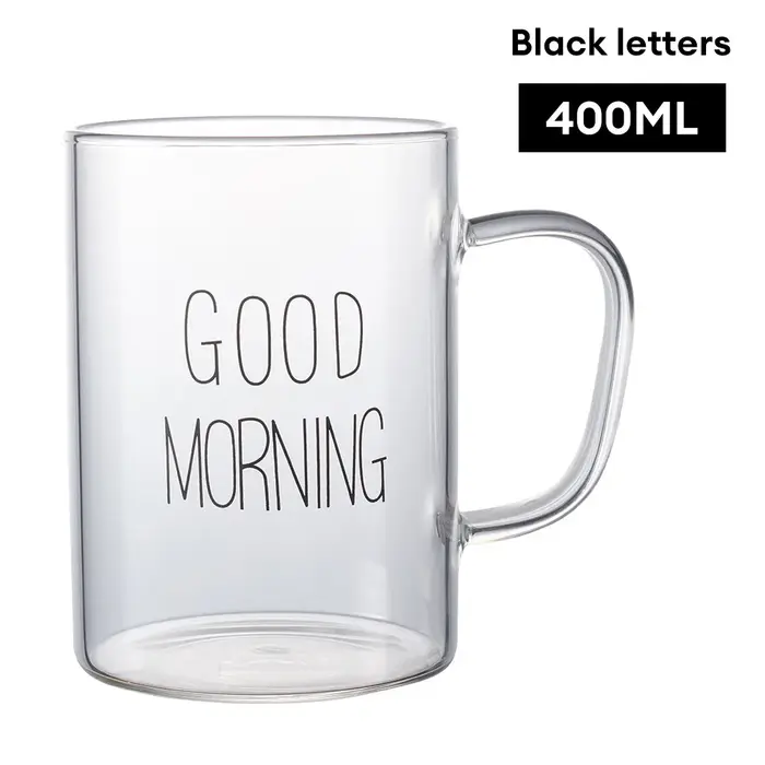 Tasse en verre du bonjour, café, lait, petit déjeuner, gobelet avec poignée, verres transparents, ca