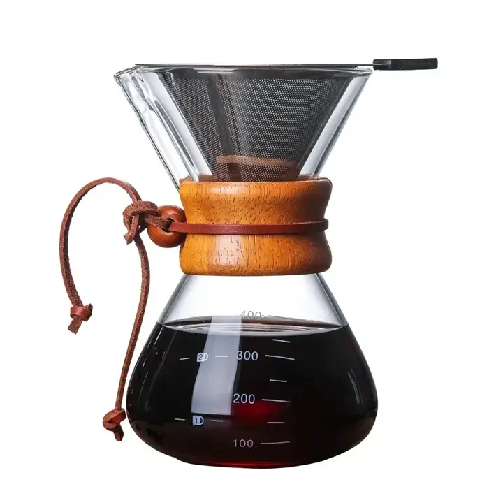 Bouilloire à café en verre à main avec filtre en acier inoxydable