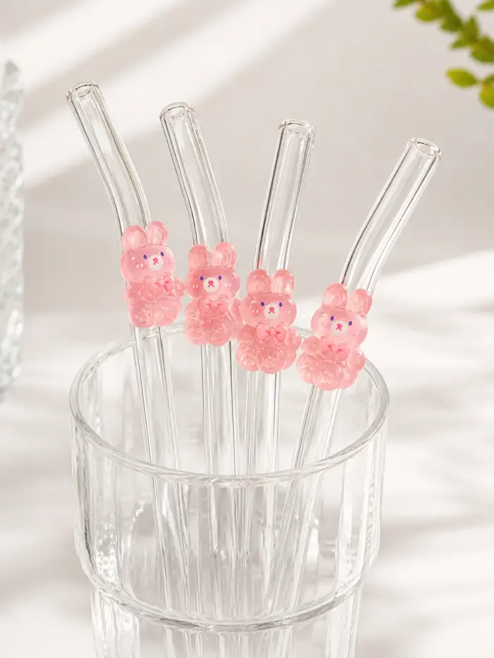 1/2/5 pailles en verre rose en forme de lapin