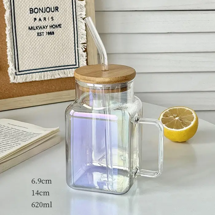 Tasse en verre portable avec couvercle en bambou pour fille