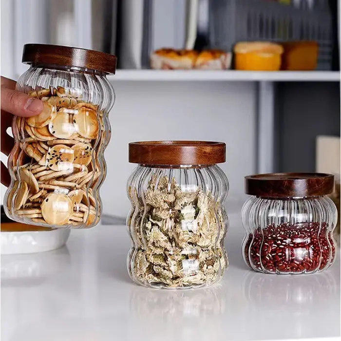 Bouteilles de rangement en verre rayé avec couvercle en bois