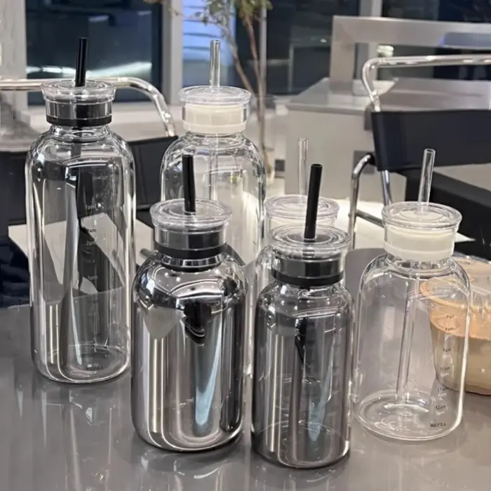 Grande bouteille d'eau en verre avec paille de 300/500/750ml