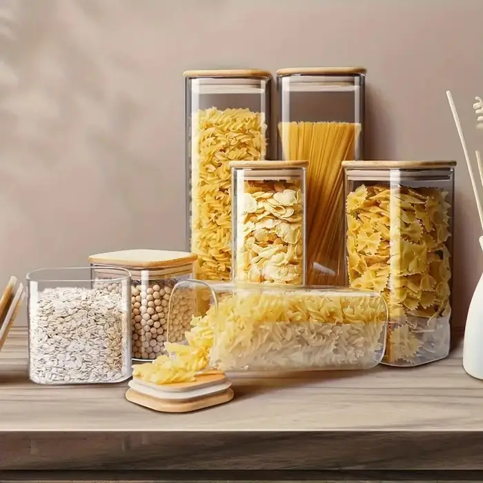 Pot de stockage des aliments en verre avec couvercle en bambou, pot de stockage de cuisine transpare