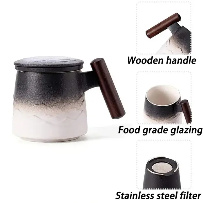 Tasses en céramique vintage avec poignée en bois