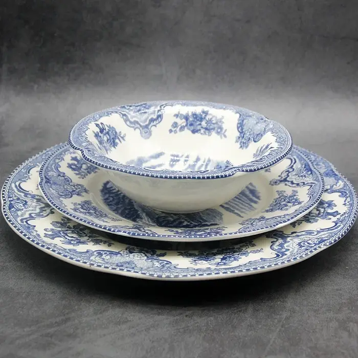Queset de châteaux de Grande-Bretagne bleus, style européen, QueWare, assiette de petit déjeuner en céramique, plats de boeuf, plat à dessert, bol à soupe
