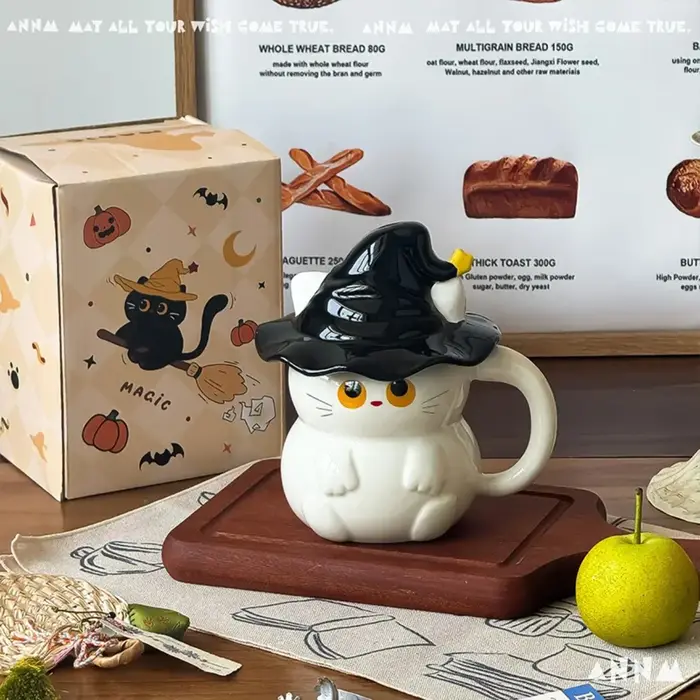 Tasse en céramique de chat fantôme de rêve de 450 ml avec couvercle