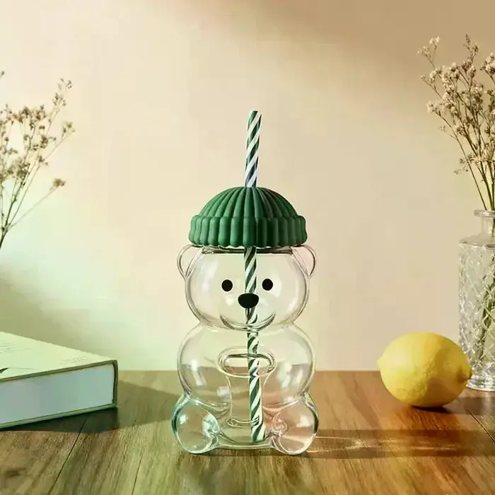Mug à café en forme d'ours de dessin animé 550 ml, tasse mignonne en plastique PET avec paille, gobe