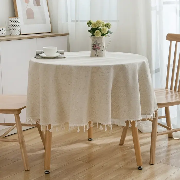 Nappe ronde de couleur unie 120/150cm, tissu en coton et lin, couverture de Table anti-poussière ave