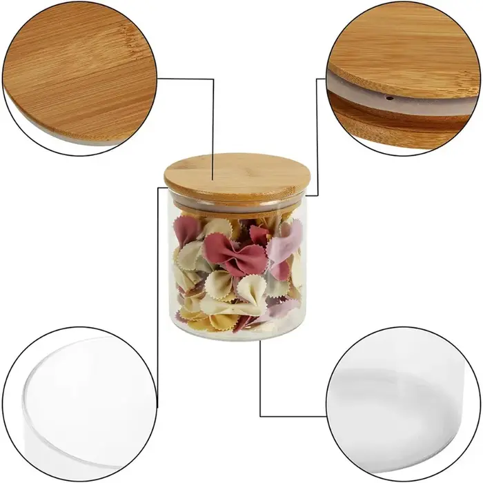 Lot de 5 récipients en verre de 300/550 ml avec couvercle en bois