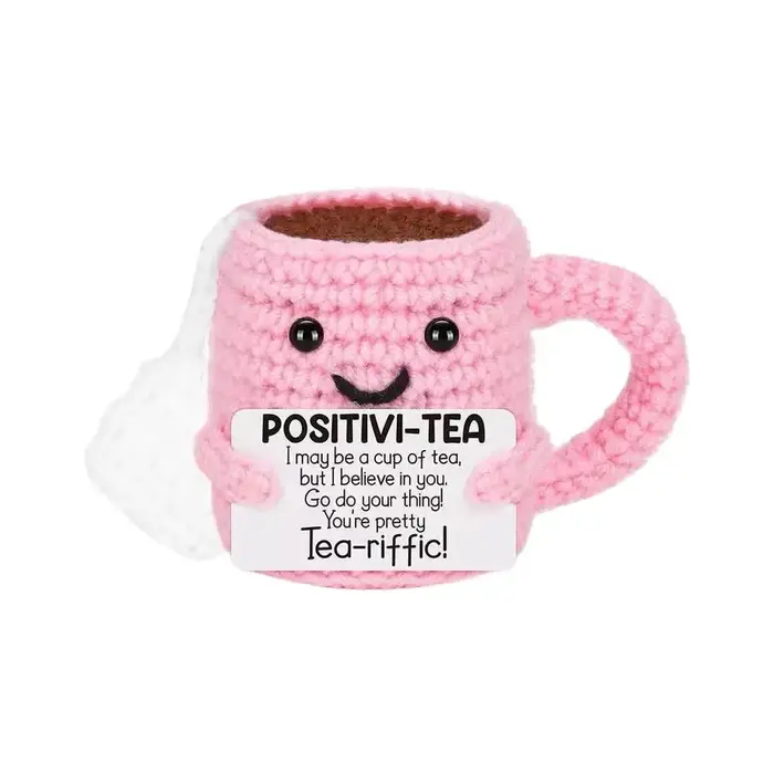 Tasse à thé crochetée à la main, ornement rose, tasse à thé positive, jaune, ne vous inquiétez pas,
