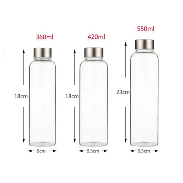 Bouteille d'eau en verre avec couvercle en acier inoxydable et sac de protection