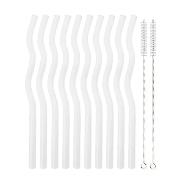 Pailles en verre ondulées réutilisables, 10 pièces, 7.8 pouces x 8mm, transparentes, écologiques, av