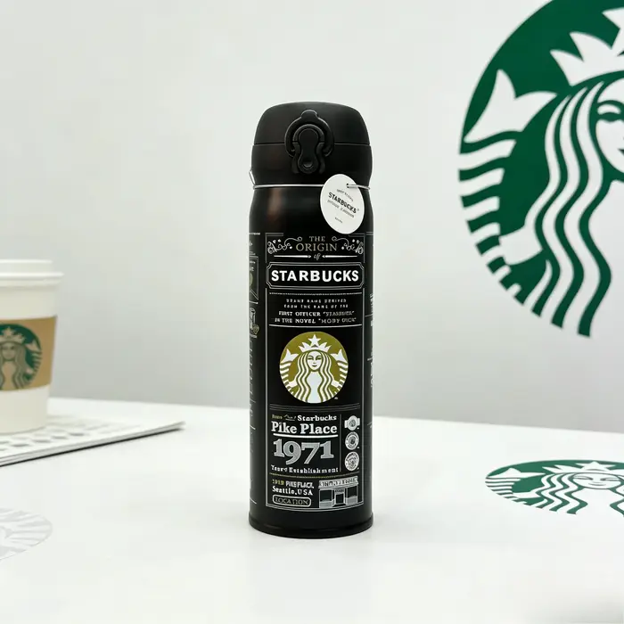 Starbucks 1971 Tasse thermique rétro en acier inoxydable noir et blanc