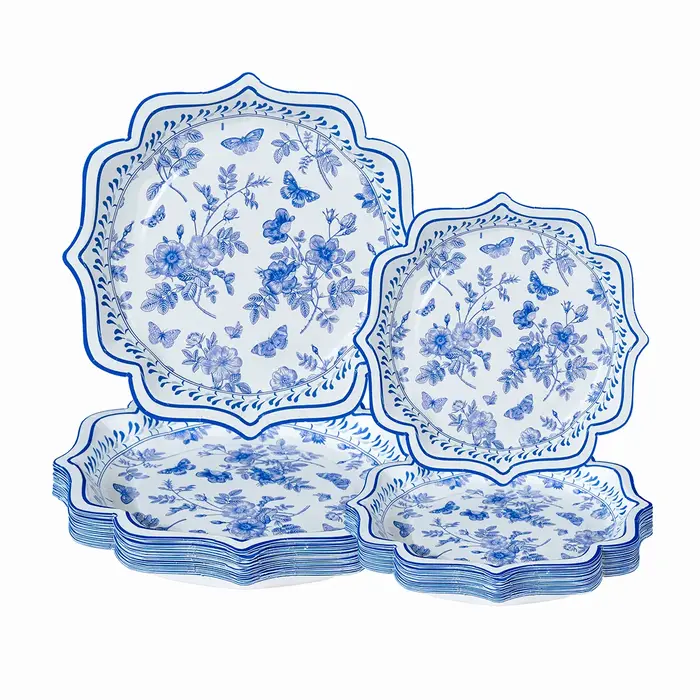 Assiettes en papier jetables à thème floral bleu