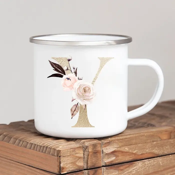 Tasses en émail vintage avec poignée, alphabet doré, fleurs, café à boire, bière, lait, thé, camping, randonnée, cadeaux, maison, bureau, standard