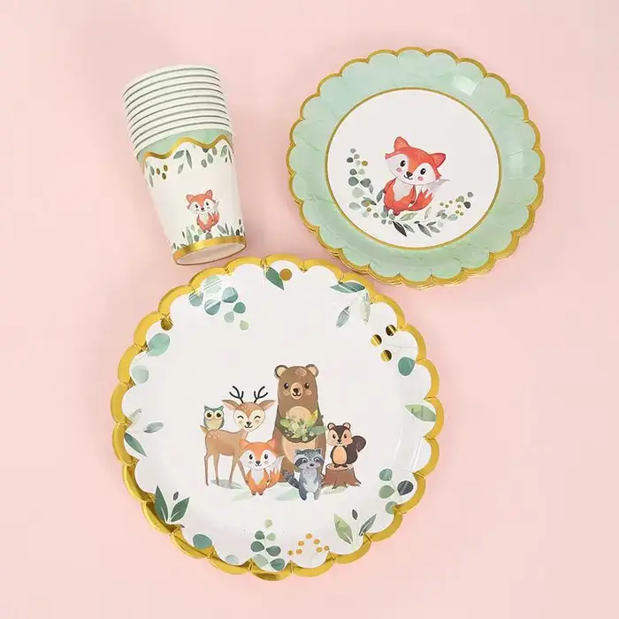 Assiettes de fête d'anniversaire en forêt, tasse, vaisselle, décor de fête d'anniversaire pour enfants, 1er Animal, forêt, Jungle, fournitures de fête prénatale