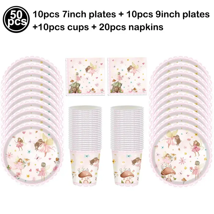 Ensemble de vaisselle de fête féerique comprenant assiettes en papier, gobelets, serviettes, fleurs,
