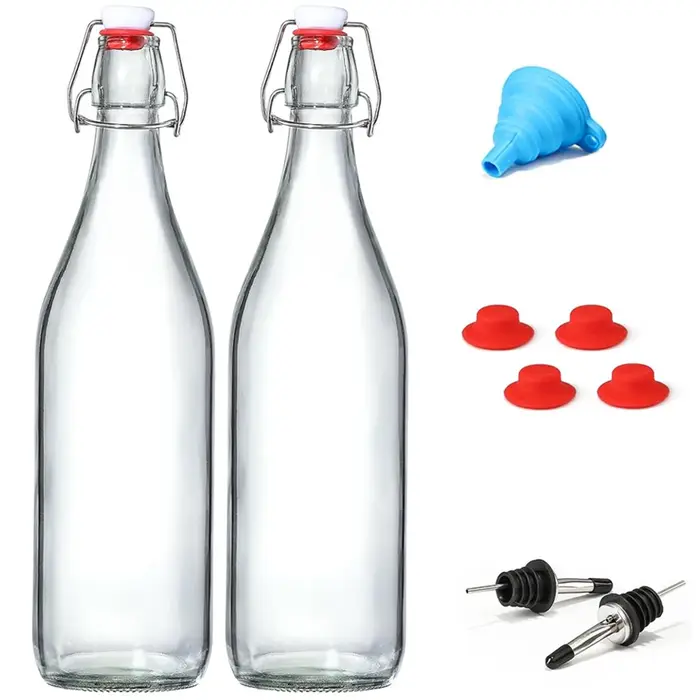 Bouteilles en verre classiques à bouchon basculant 1L avec marqueur et étiquettes - Bouteille transparente avec