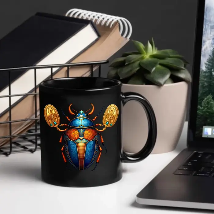 Tasse en céramique, design scarabée égyptien noir