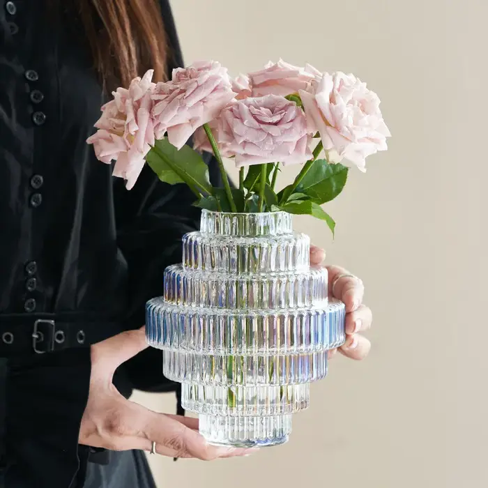 Vase en verre transparent en forme d'engrenage pour arrangements floraux