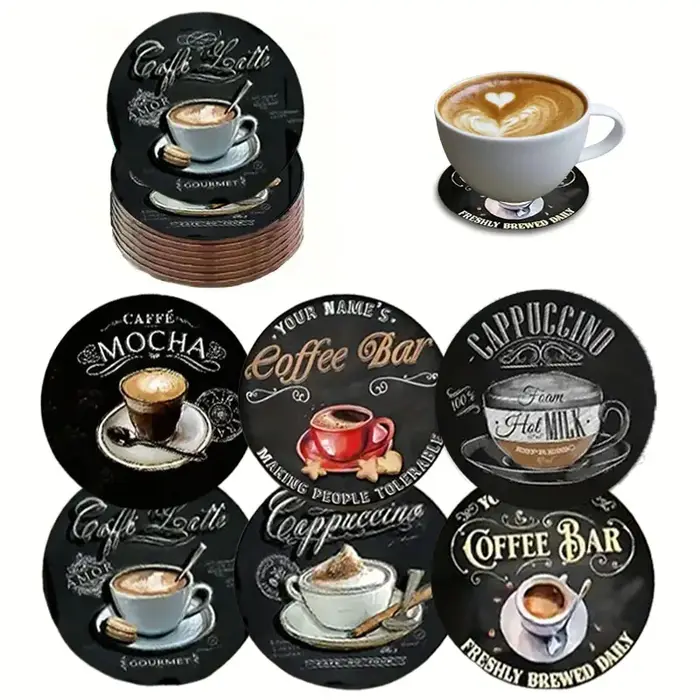 6 ensembles de sous-verres antidérapants en bois avec motifs de tasses à café, adaptés à la décorati