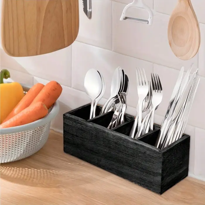 Organisateur de couverts en bois avec 4 compartiments pour ustensiles de cuisine