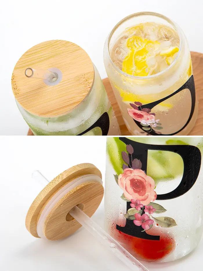 500ml Lettre Fleur A-Z Café standardisation Bureau Maison 16OZ Verre Tasse Avec Bambou Veds et Paille Anniversaire