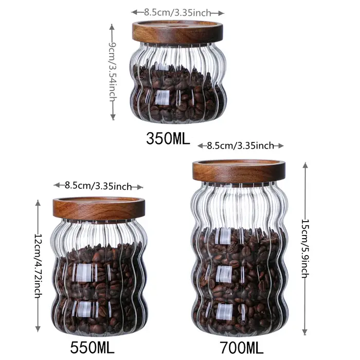 Bouteilles de rangement en verre rayé avec couvercle en bois