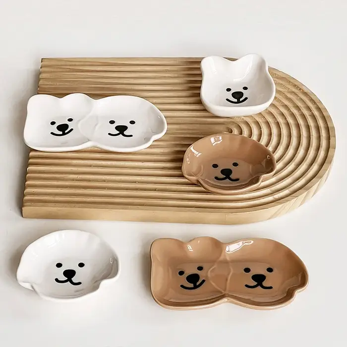 Adorable plat à sauce en céramique avec motif de chien et d'ours mignon – Bol à tremper simple/double compartiment pour