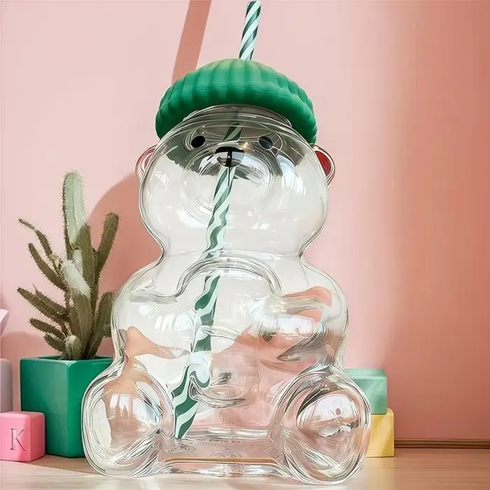 Nouvelle tasse en verre en forme d'ours avec paille et couvercle