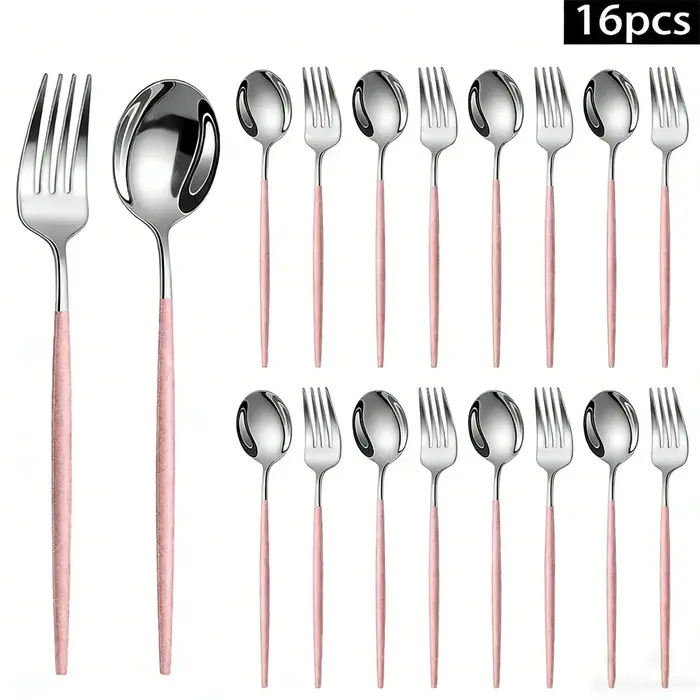 Ensemble de couverts en acier inoxydable de 16 pièces, au design élégant argenté et rose, comprenant