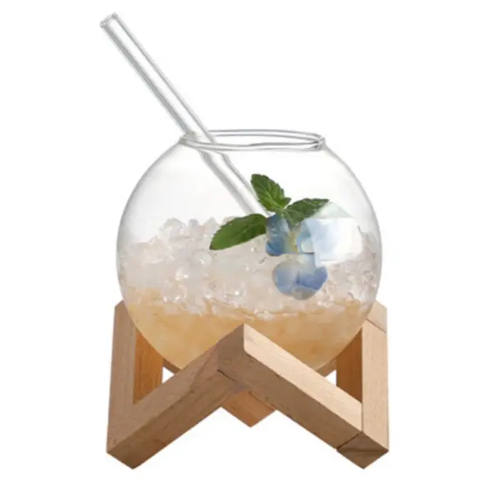 Tasse en verre sphérique créative avec support en bois, paille, vin, Cocktail, café, boule de lune t