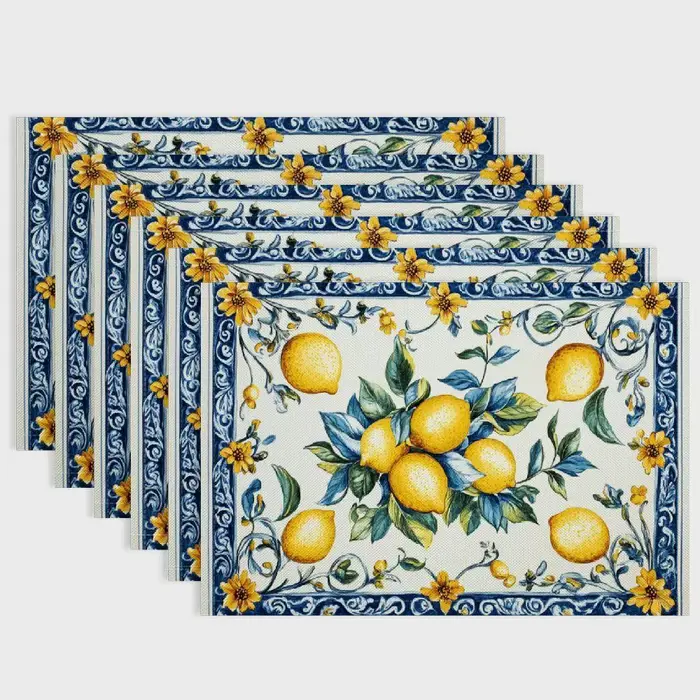 Napperons italiens au citron – Design citron jaune vif sur bleu et blanc, durables, lavables à la ma