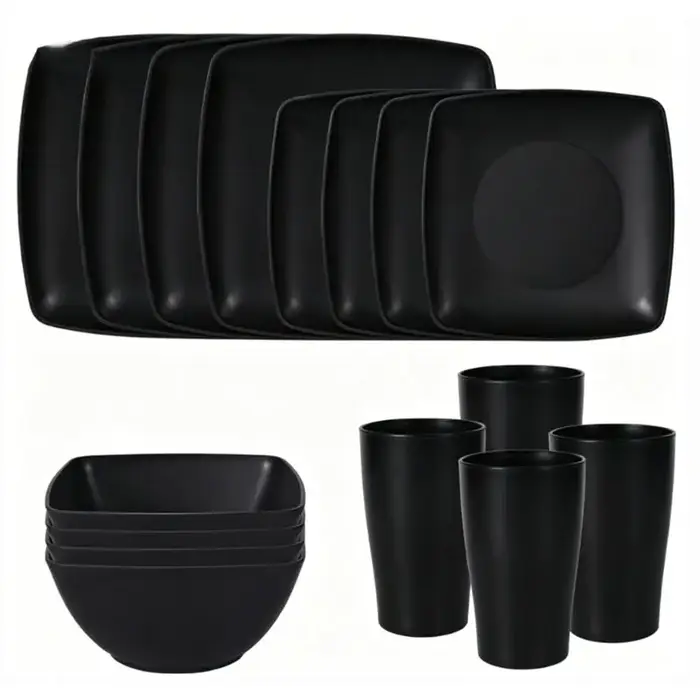 Ensemble de 16 pièces BSEVB - Bol à salade carré, assiette à steak carrée, bol, tasse, vaisselle éco